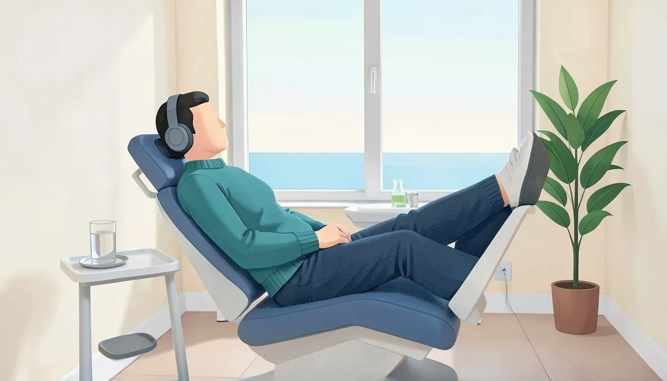 Illustration: a relaxed person lying back in a dental chair with headphones, beside a window with a sea view