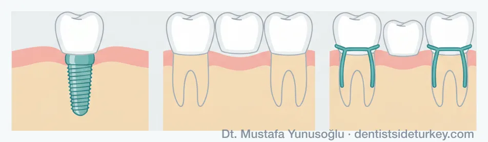 Three ways to replace one missing tooth compared: a dental implant, a three-unit bridge, and a removable partial denture