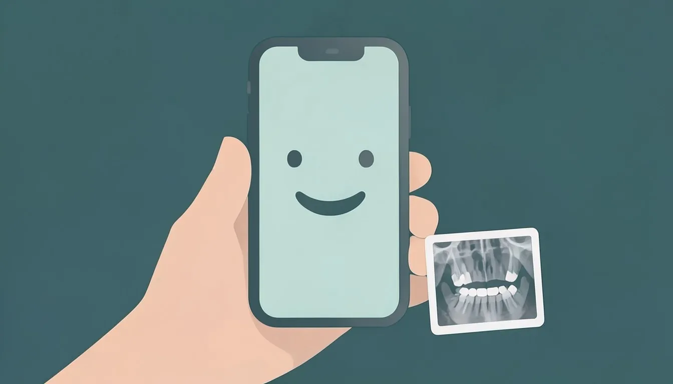 Illustration: a hand holding a phone showing a smile, with a panoramic dental X-ray beside it