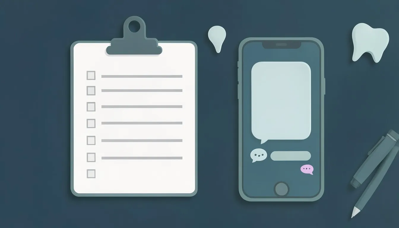 Illustration: a clipboard with an empty checklist next to a phone with a chat bubble and a pen